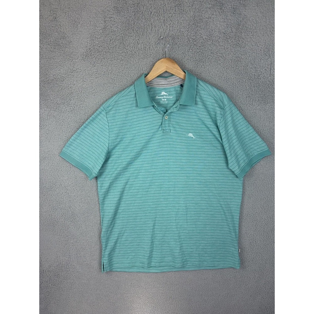 Tommy Bahama Polo Shirt Mens Medium Green Stripe Cotton Poly Knit Casual Mens